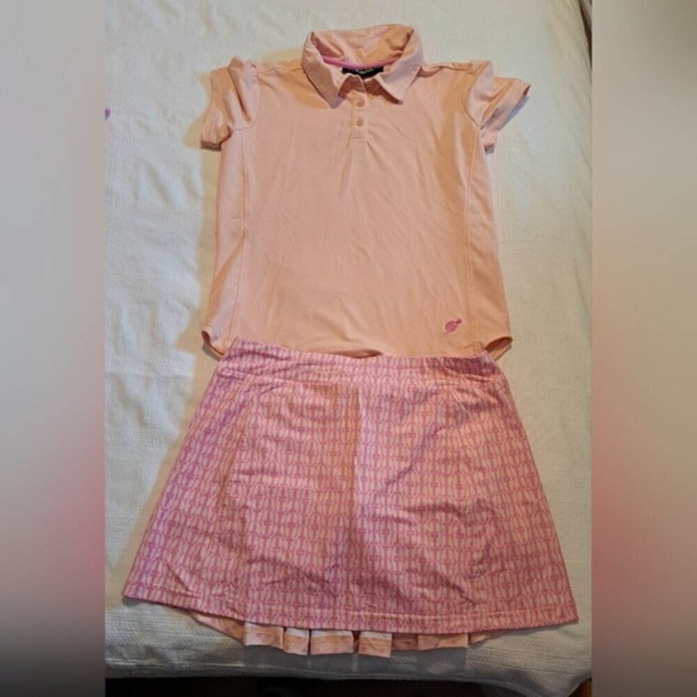 Turtles & Tees girls size XL polo shirt & skirt with modesty shorts pink & peach